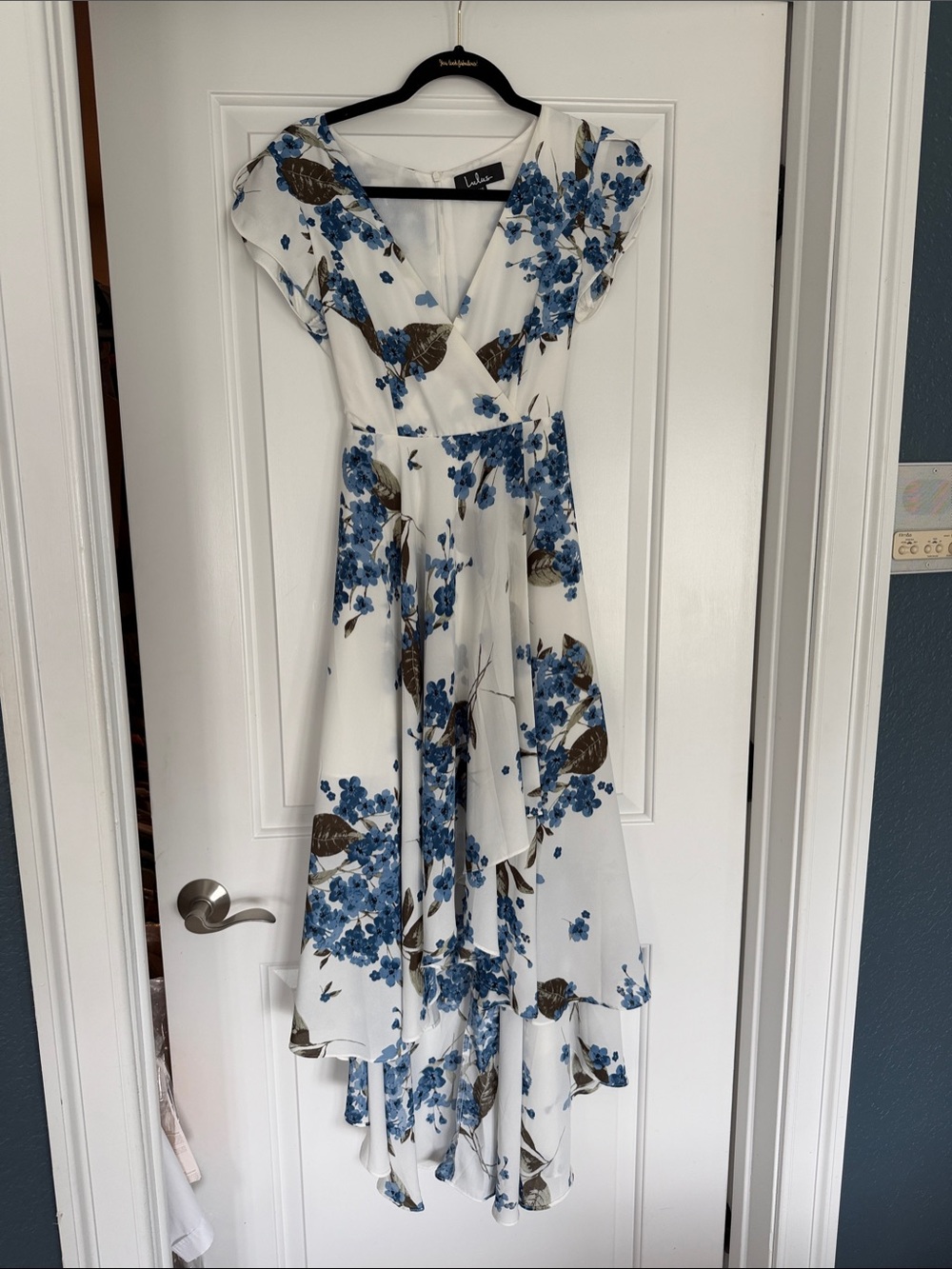 Lulu's White High-Low Wrap Dress with Blue Floral Print